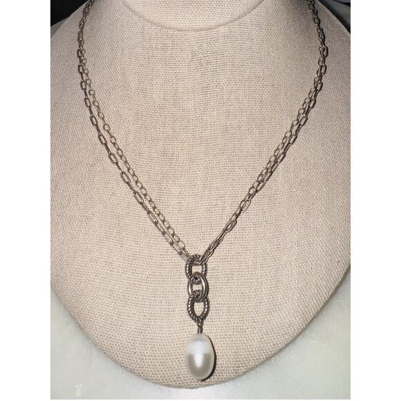 Silpada 925 Sterling Silver Double Chain Drop Necklace Pearl Pendant Toggle - Picture 3 of 6